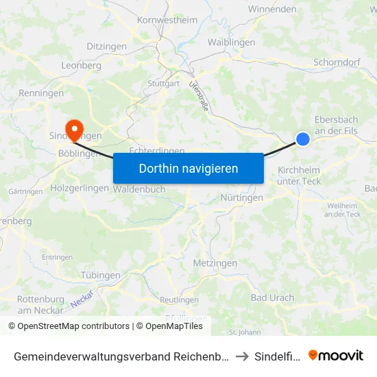 Gemeindeverwaltungsverband Reichenbach An Der Fils to Sindelfingen map