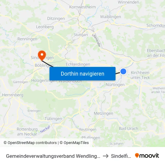 Gemeindeverwaltungsverband Wendlingen am Neckar to Sindelfingen map