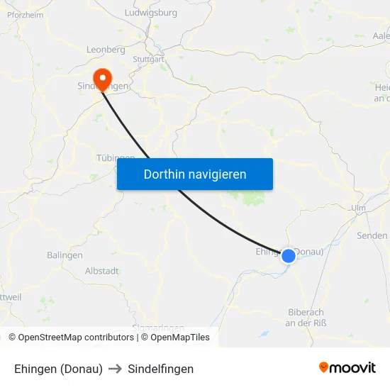 Ehingen (Donau) to Sindelfingen map