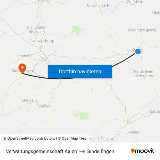 Verwaltungsgemeinschaft Aalen to Sindelfingen map