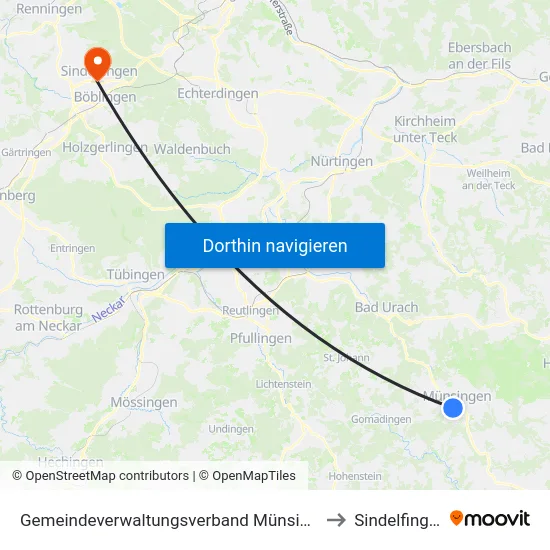 Gemeindeverwaltungsverband Münsingen to Sindelfingen map
