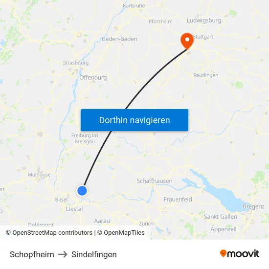 Schopfheim to Sindelfingen map