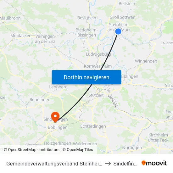 Gemeindeverwaltungsverband Steinheim-Murr to Sindelfingen map
