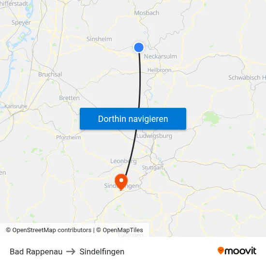 Bad Rappenau to Sindelfingen map