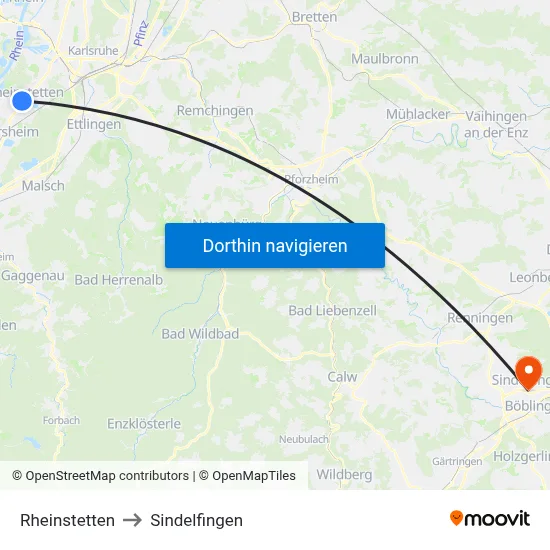 Rheinstetten to Sindelfingen map