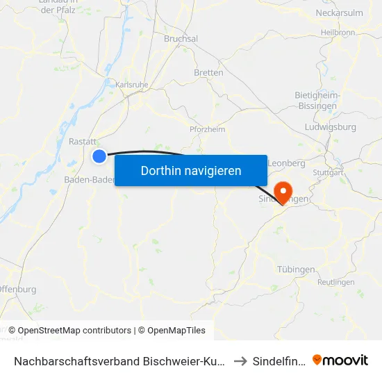Nachbarschaftsverband Bischweier-Kuppenheim to Sindelfingen map