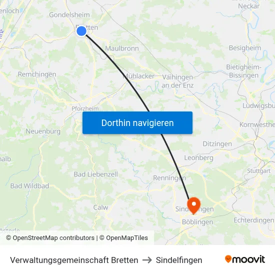 Verwaltungsgemeinschaft Bretten to Sindelfingen map