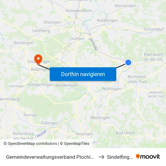 Gemeindeverwaltungsverband Plochingen to Sindelfingen map