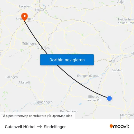 Gutenzell-Hürbel to Sindelfingen map