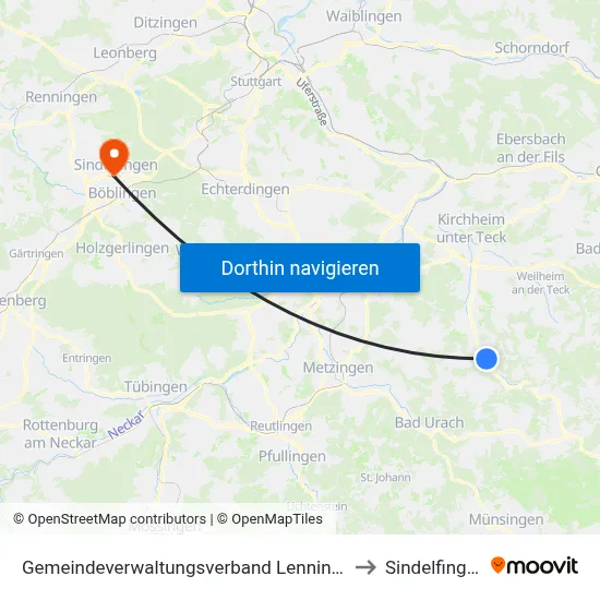 Gemeindeverwaltungsverband Lenningen to Sindelfingen map