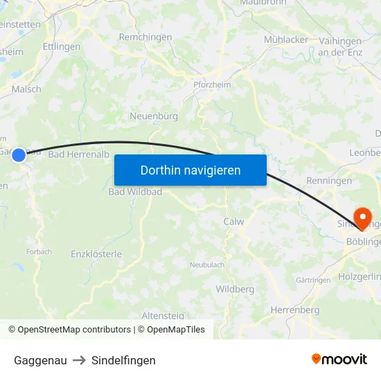Gaggenau to Sindelfingen map