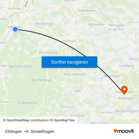 Ettlingen to Sindelfingen map