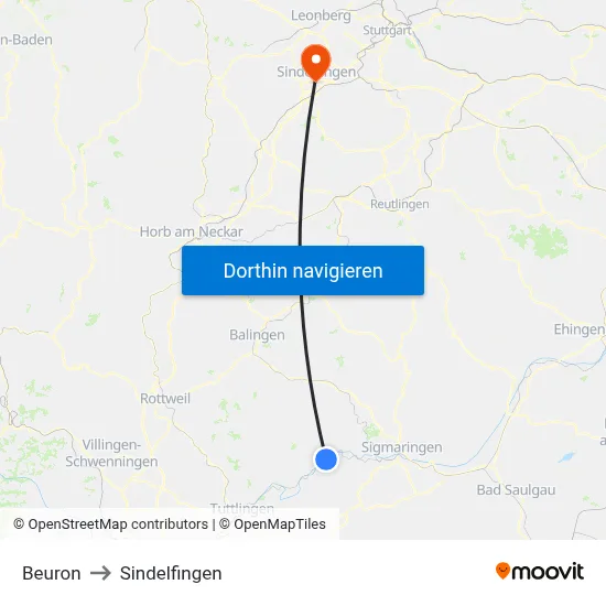 Beuron to Sindelfingen map