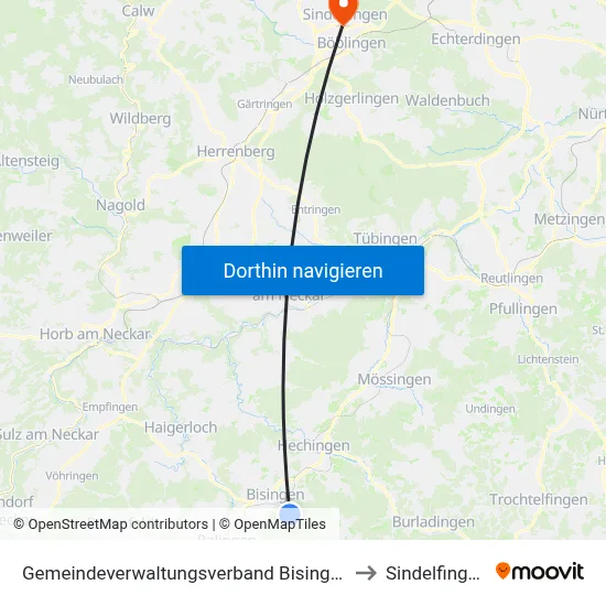 Gemeindeverwaltungsverband Bisingen to Sindelfingen map