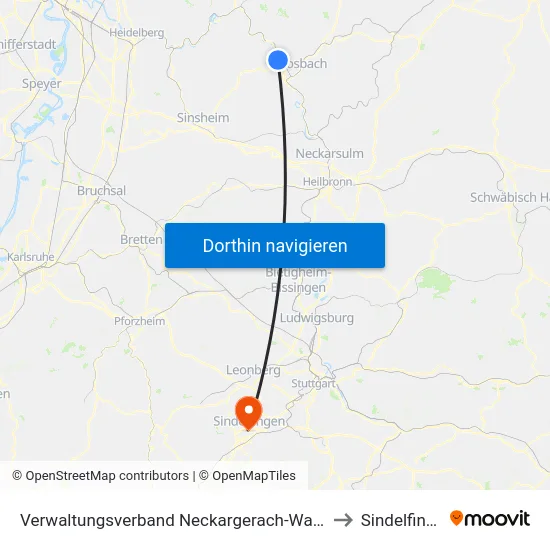 Verwaltungsverband Neckargerach-Waldbrunn to Sindelfingen map