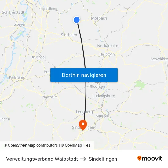 Verwaltungsverband Waibstadt to Sindelfingen map