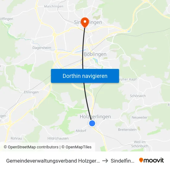 Gemeindeverwaltungsverband Holzgerlingen to Sindelfingen map