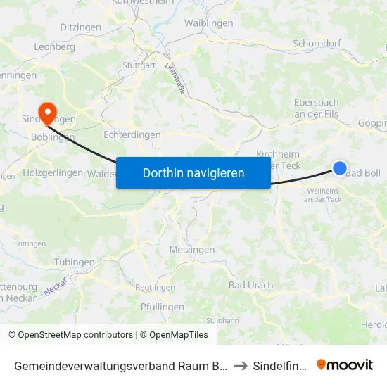 Gemeindeverwaltungsverband Raum Bad Boll to Sindelfingen map