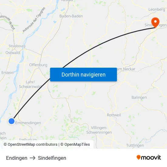 Endingen to Sindelfingen map