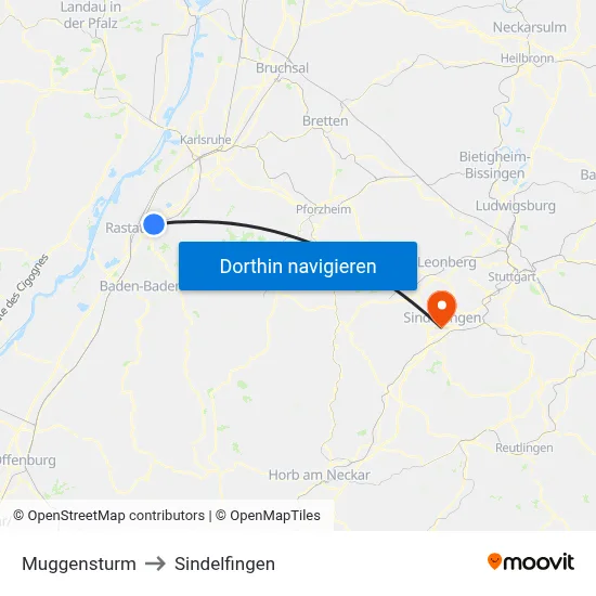 Muggensturm to Sindelfingen map
