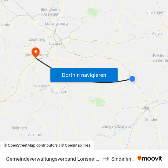 Gemeindeverwaltungsverband Lonsee-Amstetten to Sindelfingen map