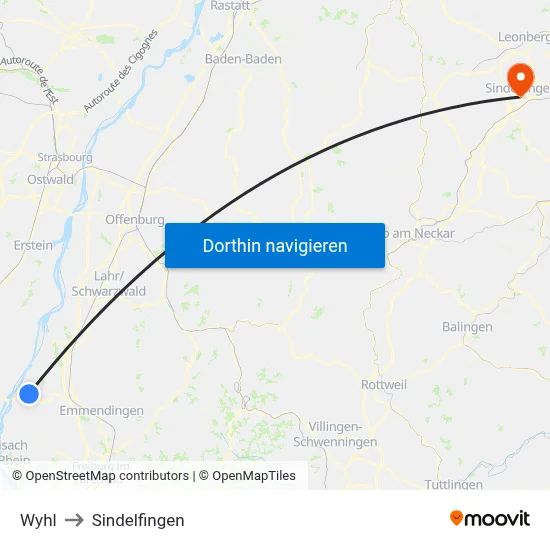 Wyhl to Sindelfingen map