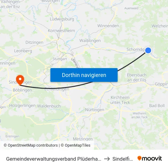Gemeindeverwaltungsverband Plüderhausen-Urbach to Sindelfingen map