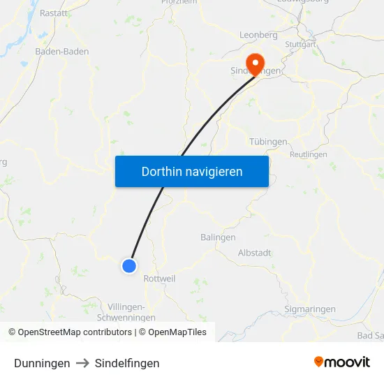 Dunningen to Sindelfingen map