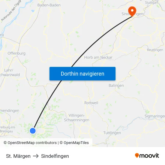 St. Märgen to Sindelfingen map