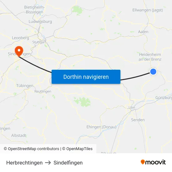 Herbrechtingen to Sindelfingen map