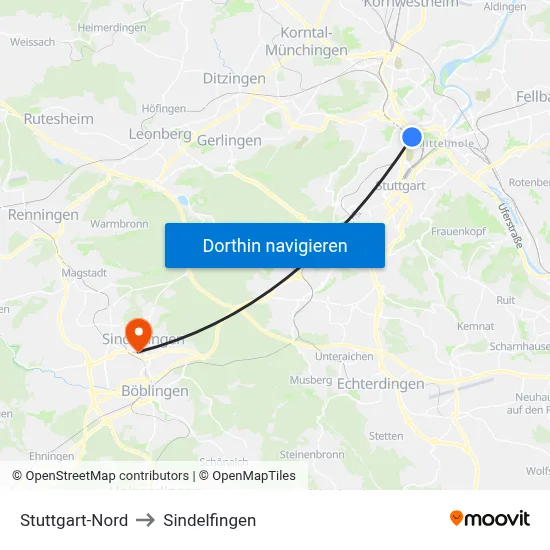 Stuttgart-Nord to Sindelfingen map