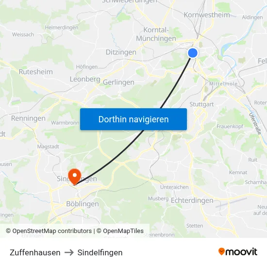 Zuffenhausen to Sindelfingen map