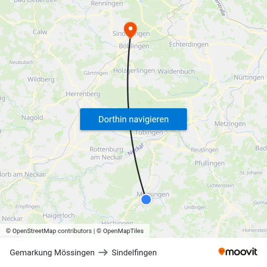 Gemarkung Mössingen to Sindelfingen map