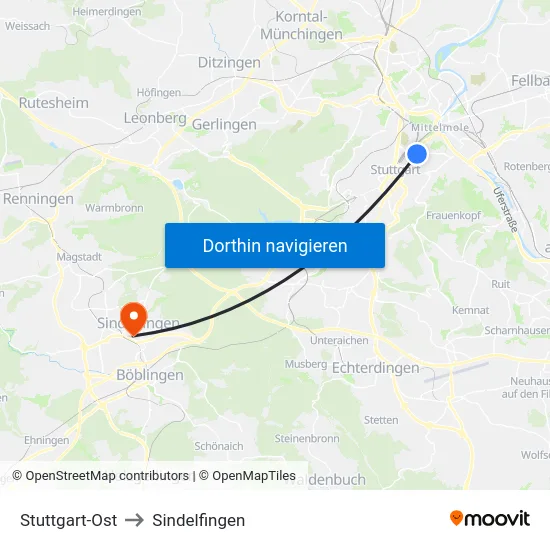 Stuttgart-Ost to Sindelfingen map