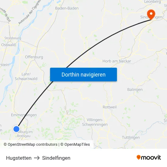 Hugstetten to Sindelfingen map
