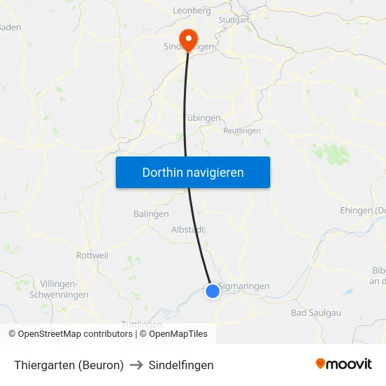Thiergarten (Beuron) to Sindelfingen map