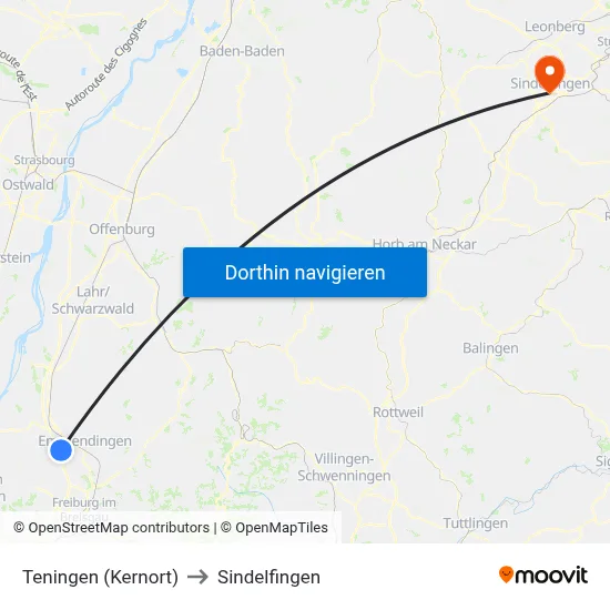 Teningen (Kernort) to Sindelfingen map