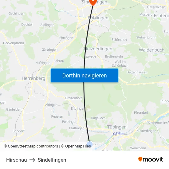 Hirschau to Sindelfingen map