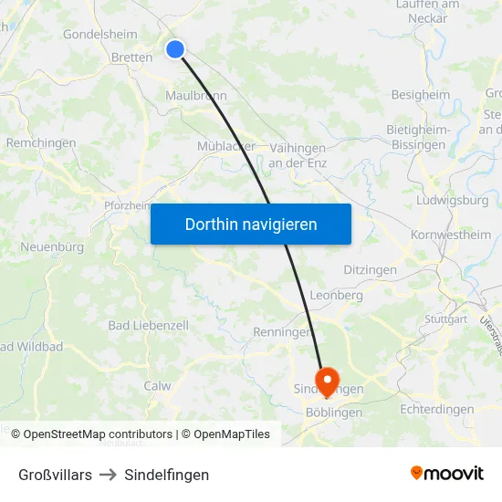 Großvillars to Sindelfingen map