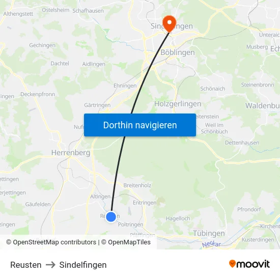 Reusten to Sindelfingen map