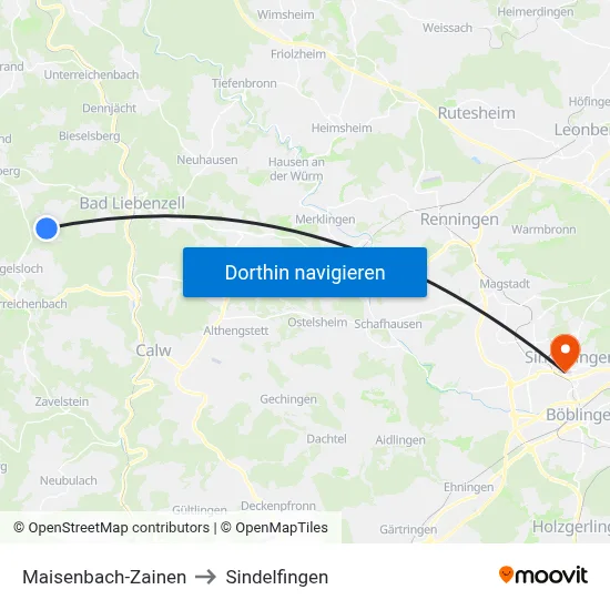 Maisenbach-Zainen to Sindelfingen map