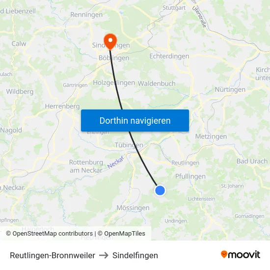 Reutlingen-Bronnweiler to Sindelfingen map