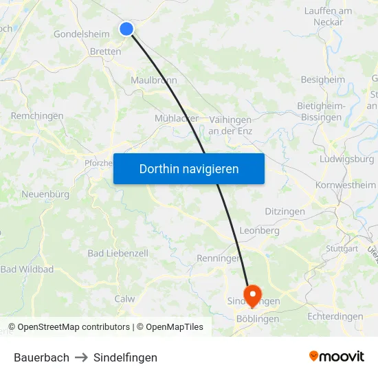 Bauerbach to Sindelfingen map