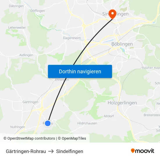 Gärtringen-Rohrau to Sindelfingen map