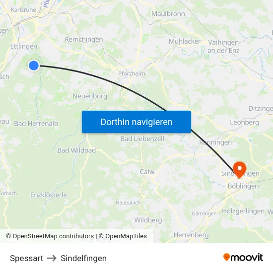 Spessart to Sindelfingen map