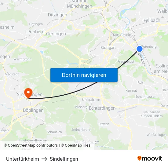 Untertürkheim to Sindelfingen map