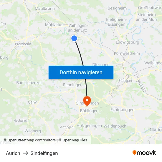 Aurich to Sindelfingen map