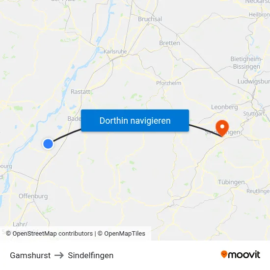 Gamshurst to Sindelfingen map