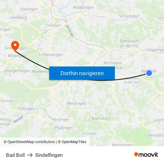 Bad Boll to Sindelfingen map