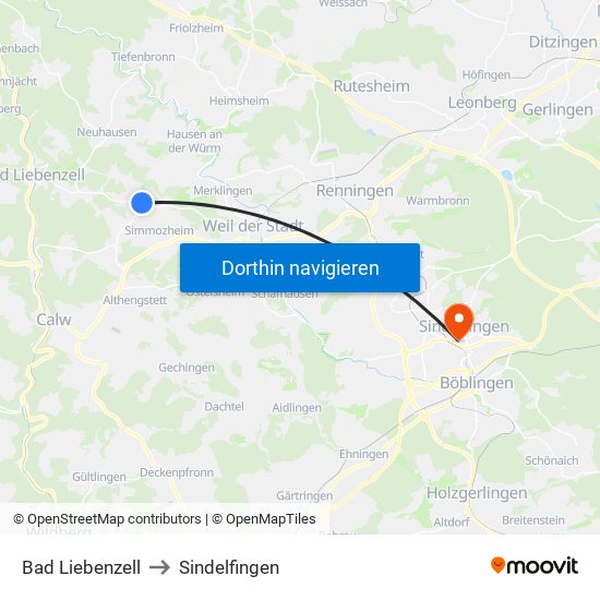 Bad Liebenzell to Sindelfingen map